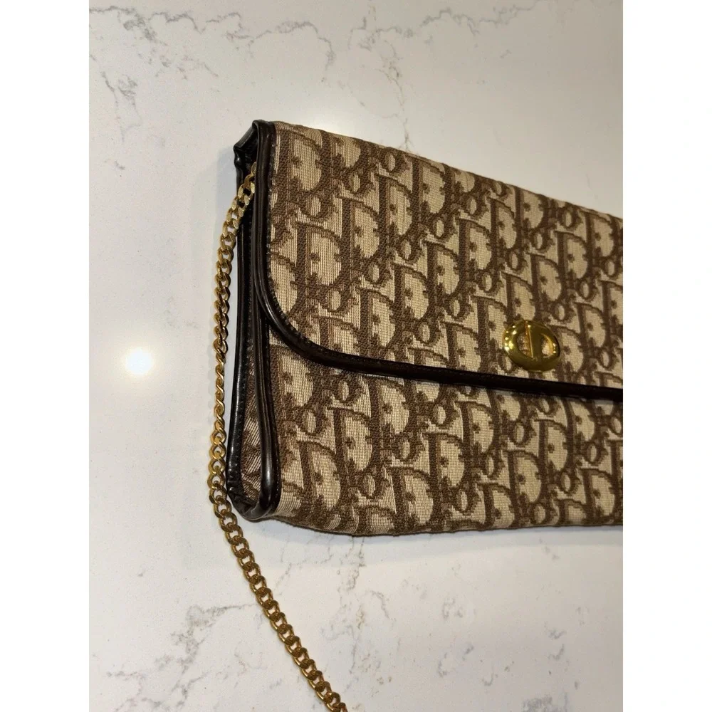 Dior Monogram Trotter Beige Brown Clutch Bag Gold Chain Shoulder Bag